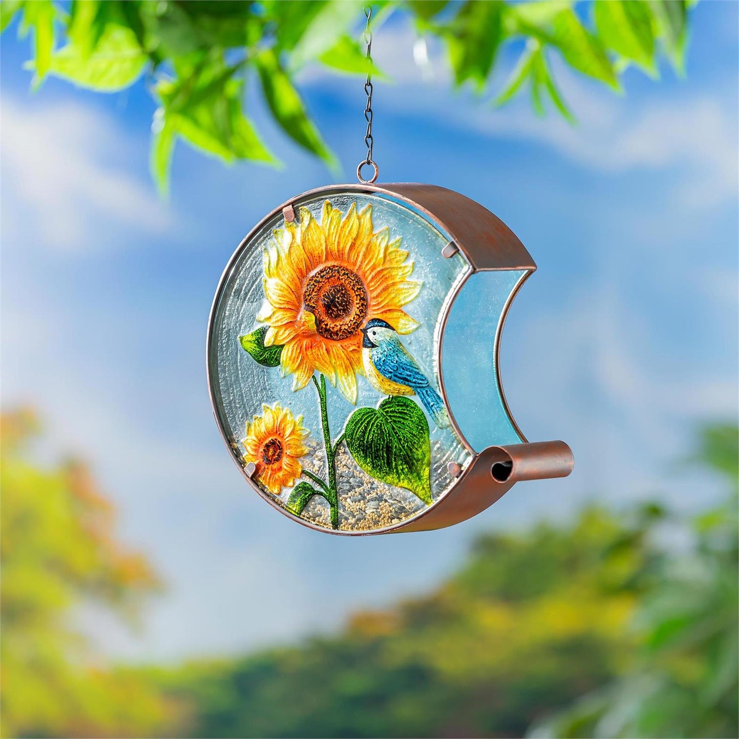 Hand‑Painted Glass Bird Feeder with Sunflowers & Songbird Art – Garden Decor Gift