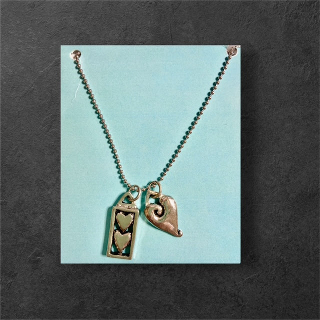 2 Hearts Double Charm Necklace - Pewter - JNC33