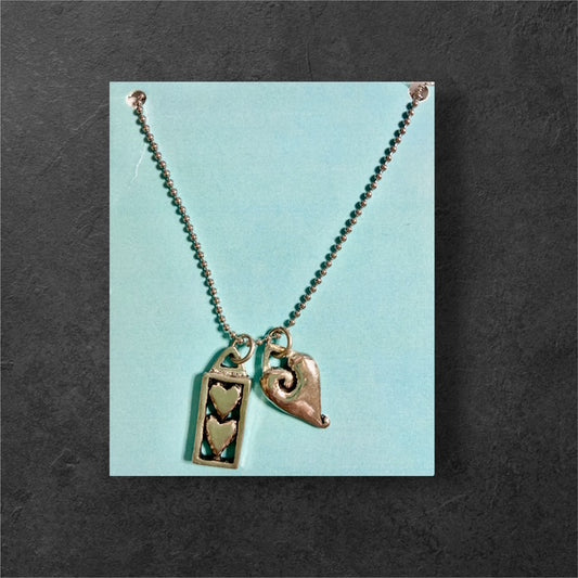 2 Hearts Double Charm Necklace - Pewter - JNC33