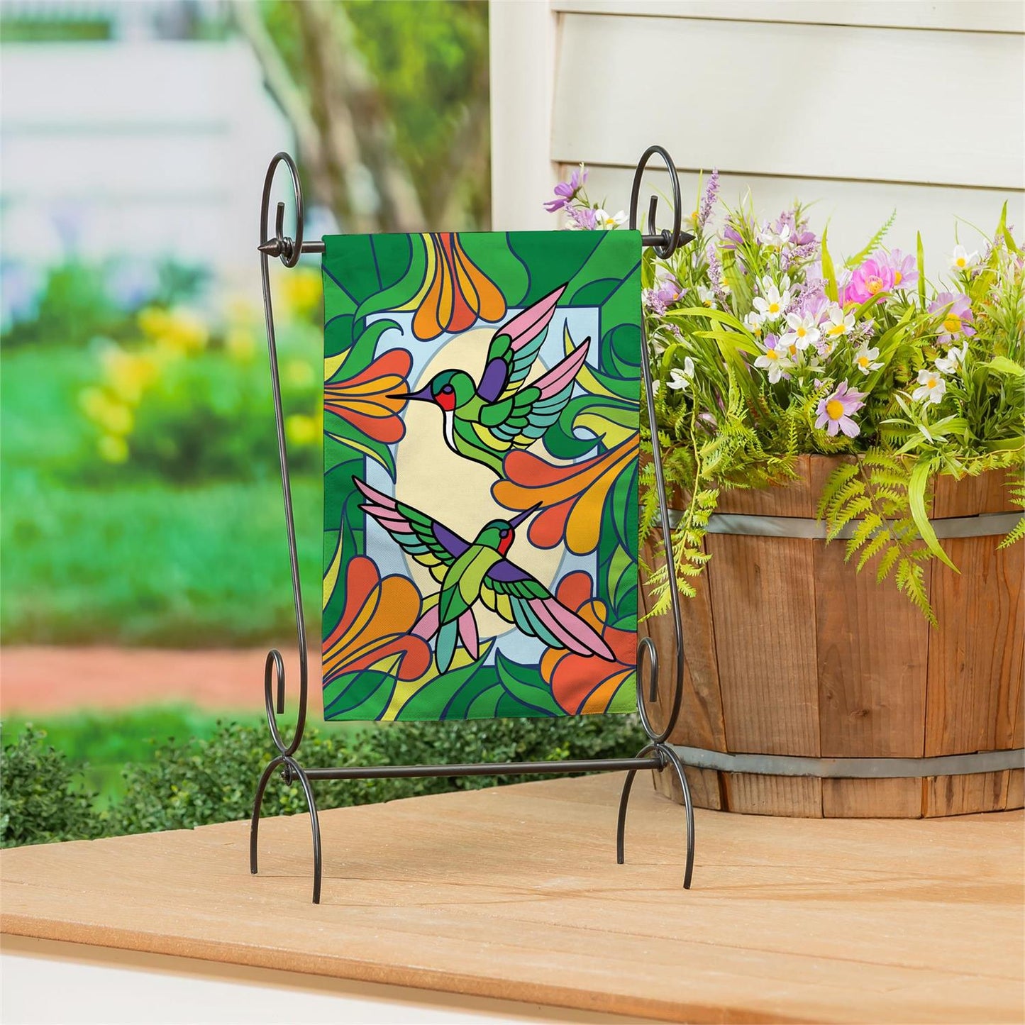 Stained Glass Hummingbird Garden Flag