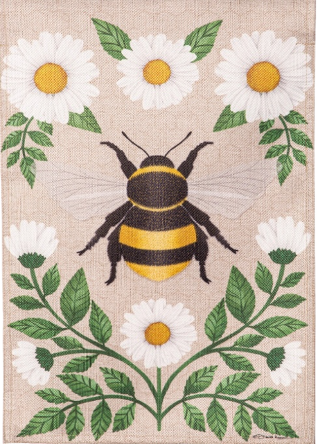 Floral bee design on textured burlap background