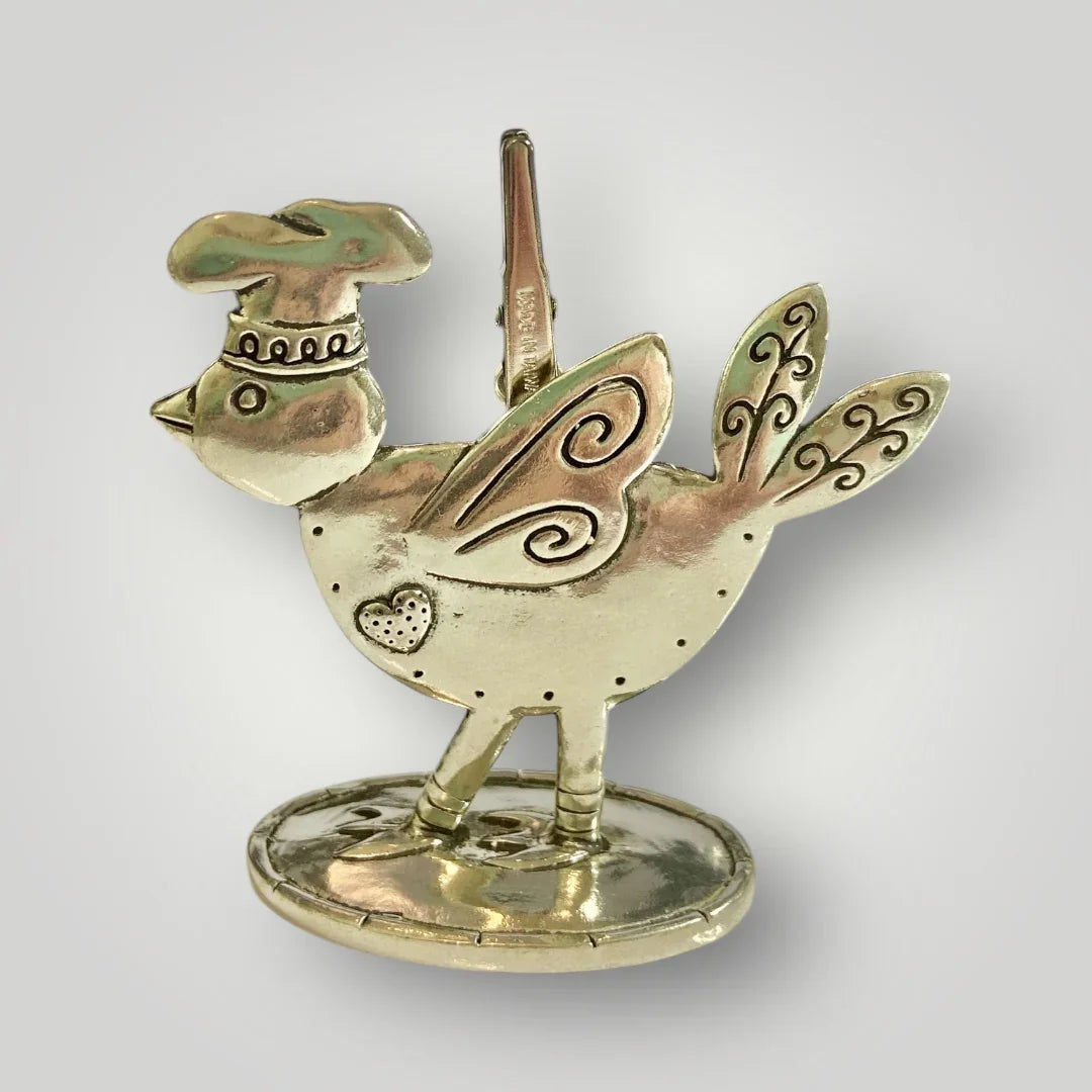 Pewter bird recipe holder with bird figure and card slot