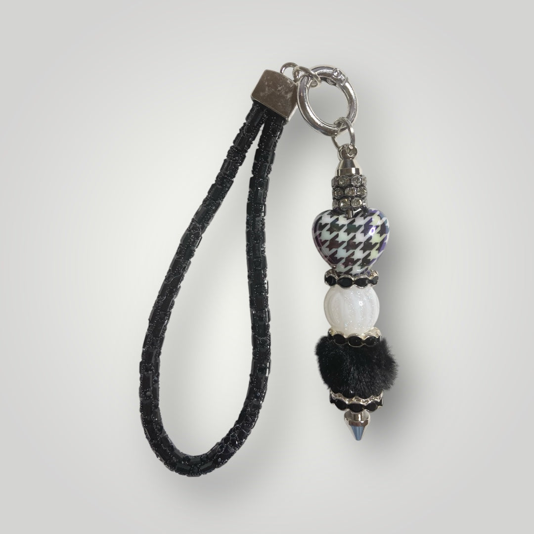 Blingy Beaded Wristlet Keychain - Black with Black & White