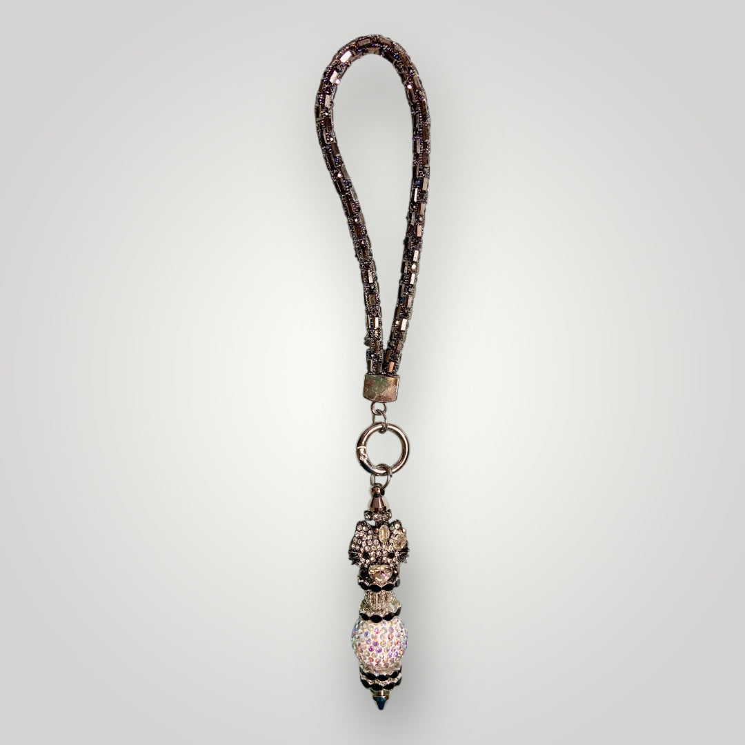 Blingy Beaded Wristlet Keychain - Gunmetal with Rhinestone Kitty
