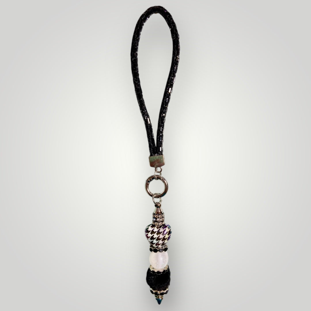 Blingy Beaded Wristlet Keychain - Black with Black & White