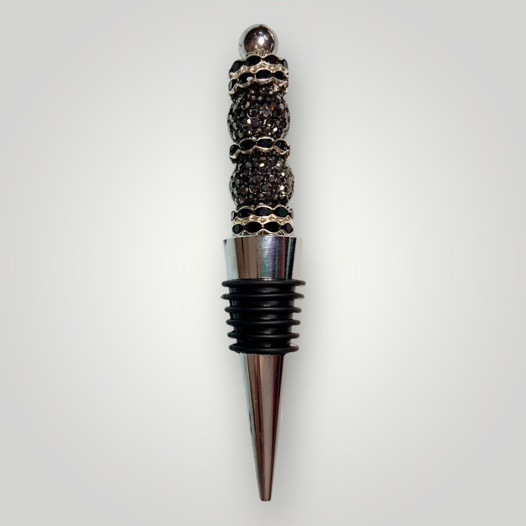 Bottle Stopper - Beaded Black & Silver