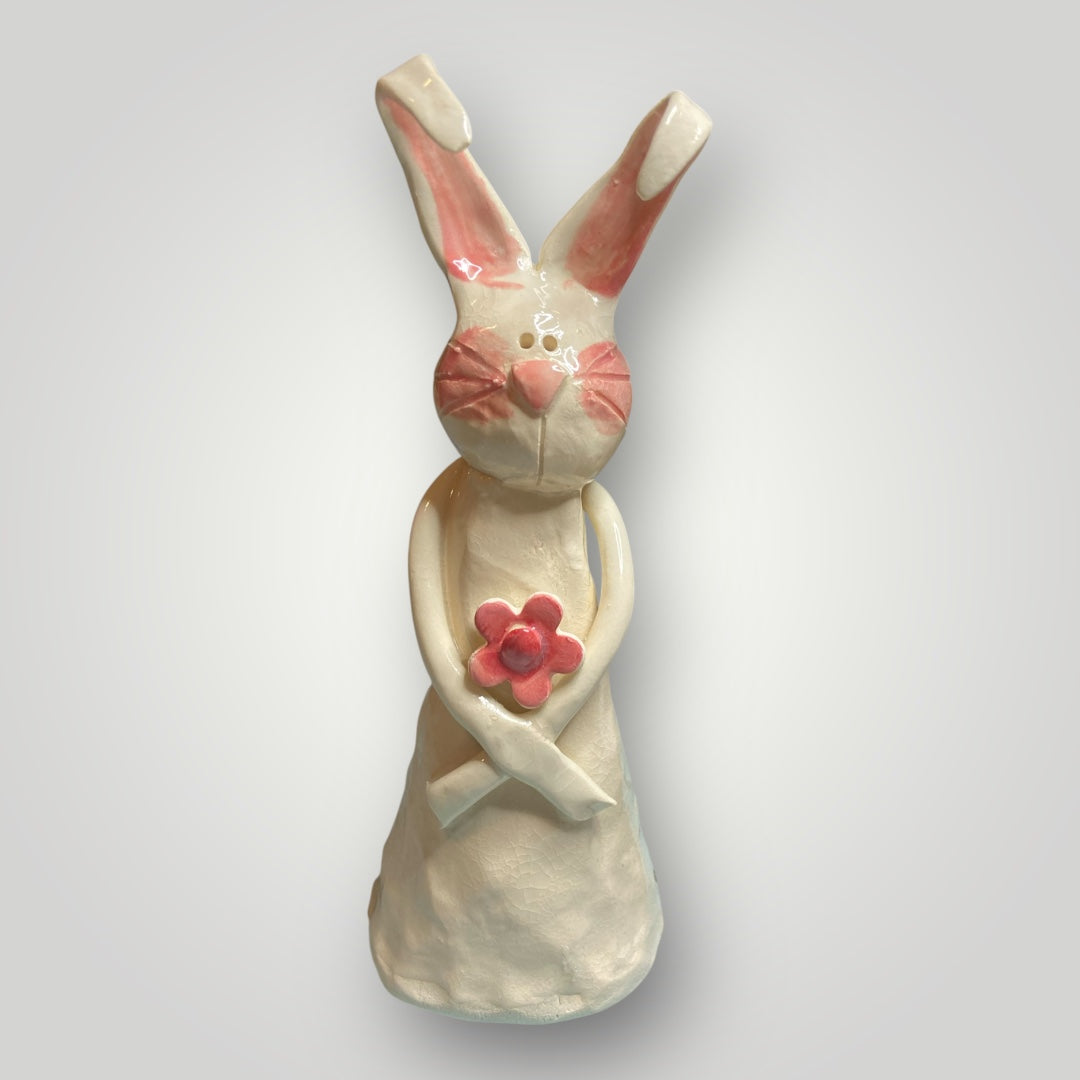 Bunny Holding Hot Pink Flower - Figurine - Heartfelt Traditions Pottery