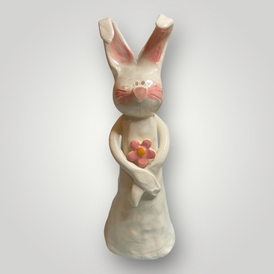 Bunny Holding Pink Flower #1 - Figurine - Heartfelt Traditions Pottery
