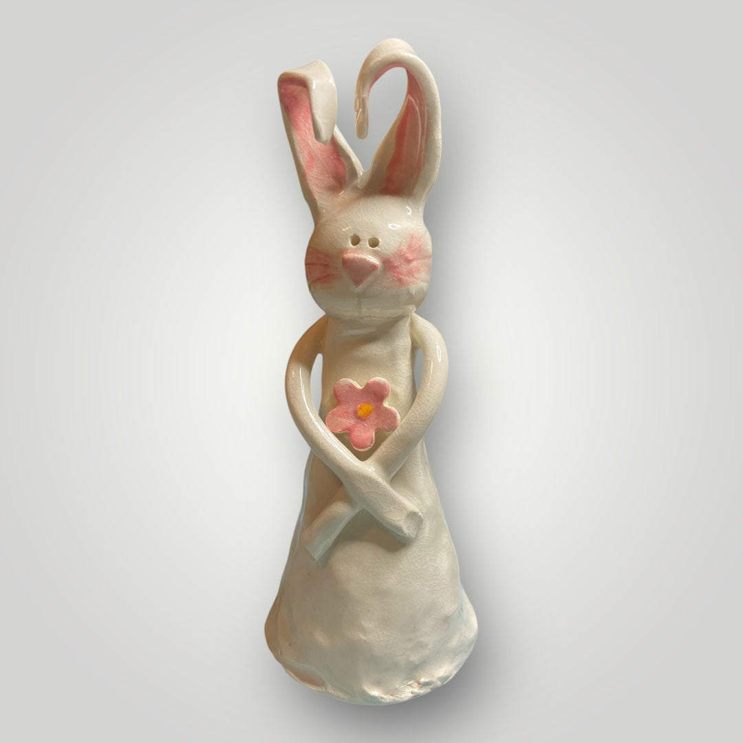 Bunny Holding Pink Flower #2 - Figurine - Heartfelt Traditions Pottery