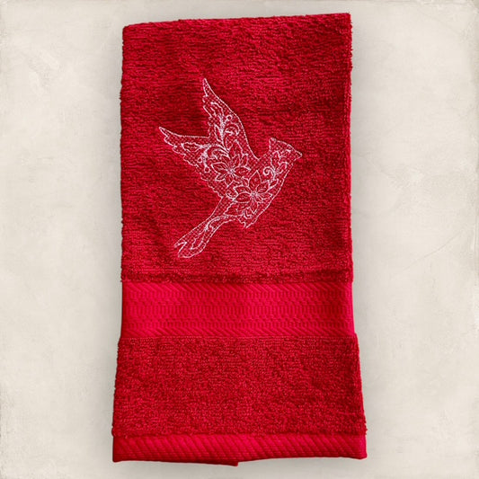 Cardinal with Poinsettias - Embroidered Hand Towel
