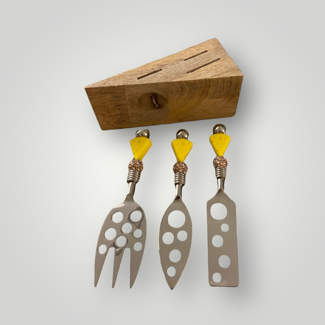 Cheese Knife Set with Mango Wood Block - Yellow Cheese #1