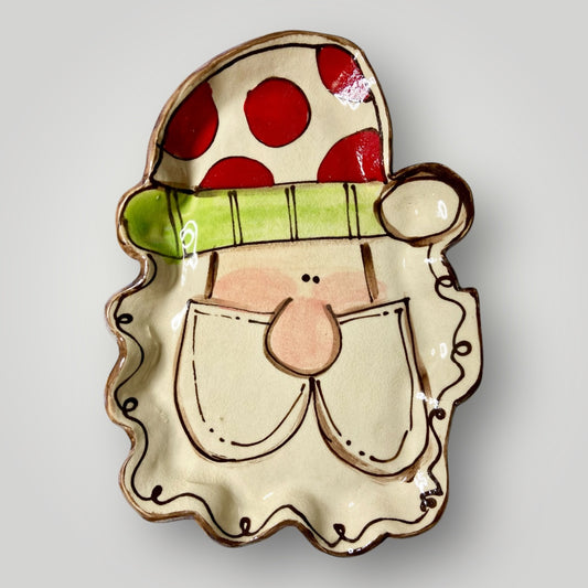 Christmas Freeform Ruffled Plate - Santa Green Stripe Hat - Heartfelt Traditions Pottery