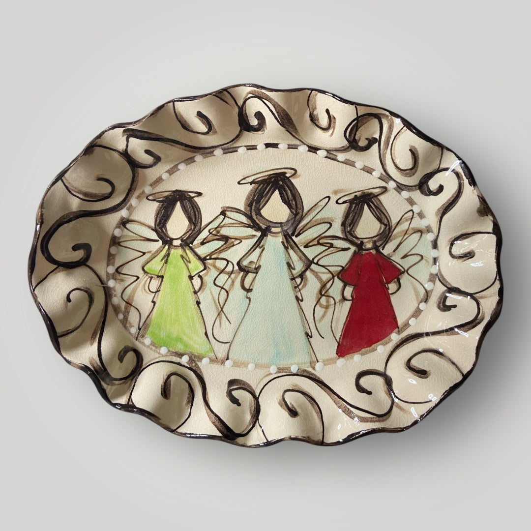 Christmas Oval Ruffle Bowl - Angel Trio - Heartfelt Traditions Pottery