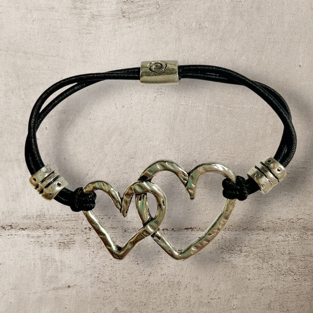 Double Heart Stretch Bracelet - Pewter - EB2