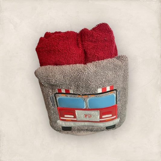 Fire Truck Hooded Towel - Embroidered