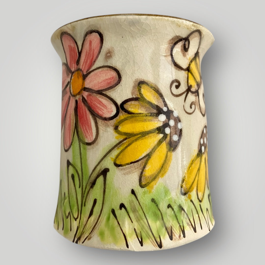 Flower Line juice glass with bee, dragonfly, and flowers