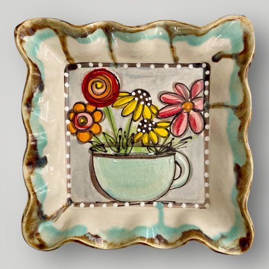 Flower Line - Square Ruffle Tray - Cup with Flowers #1 - Heartfelt Traditions Pottery