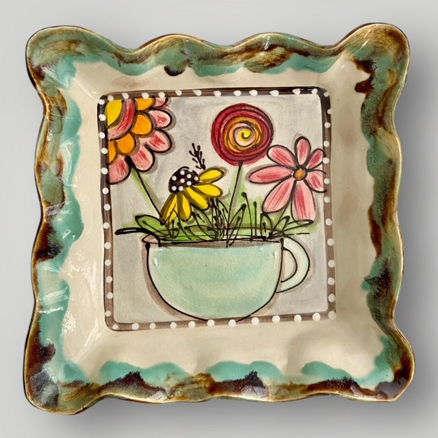 Flower Line - Square Ruffle Tray - Cup with Flowers #2 - Heartfelt Traditions Pottery