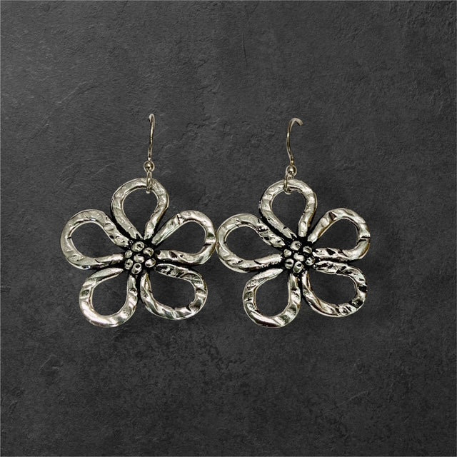 Flower Wire Earrings - Pewter - JER132