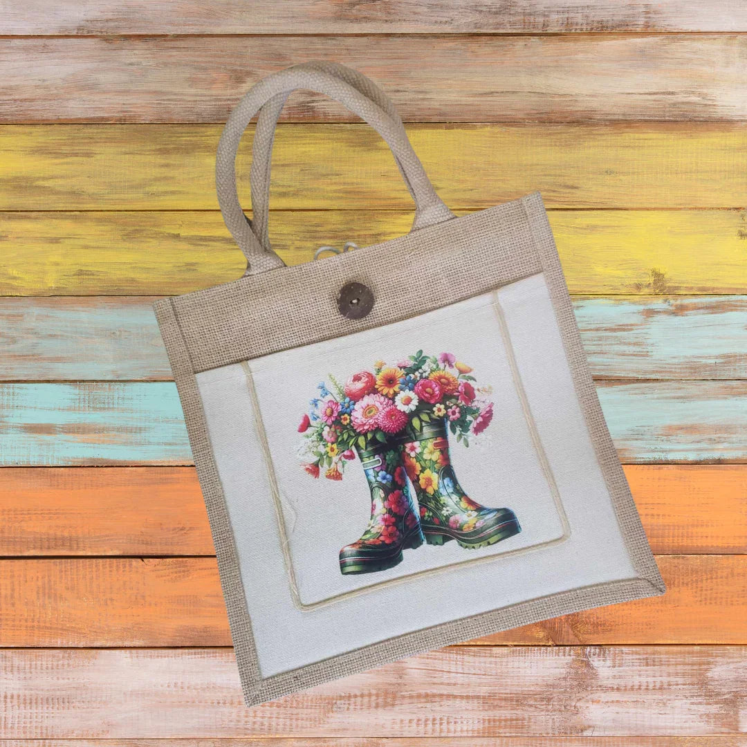 Blooming Boots tote with floral garden boots artwork