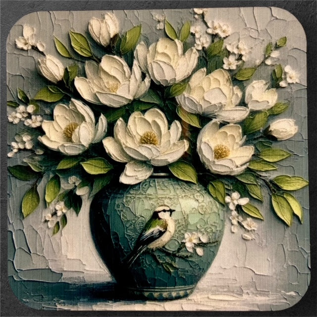 Green vase with magnolias magnet