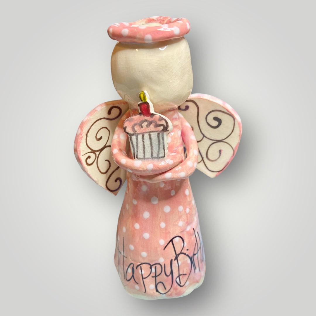 Happy Birthday Angel figurine with cupcake, hand‑sculpted and hand‑painted stoneware by Heartfelt Traditions Pottery
