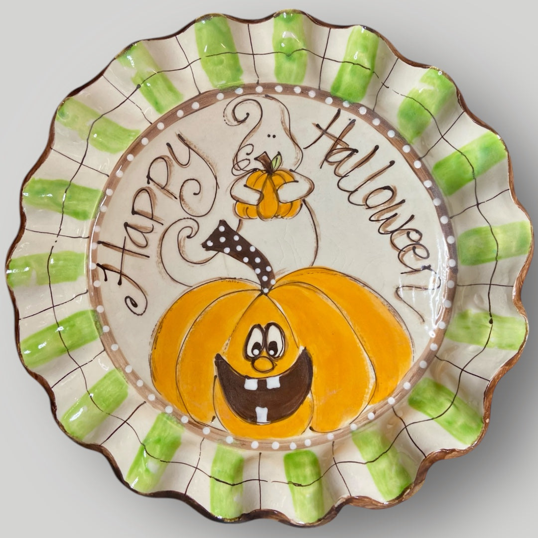 Happy Halloween Pumpkin & Ghost Ruffle Round Tray - Heartfelt Traditions Pottery