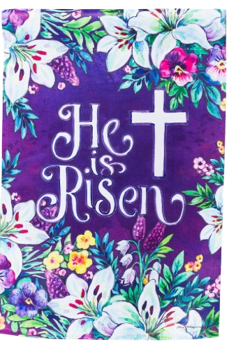 Purple “He Is Risen” design with cross and floral artwork
