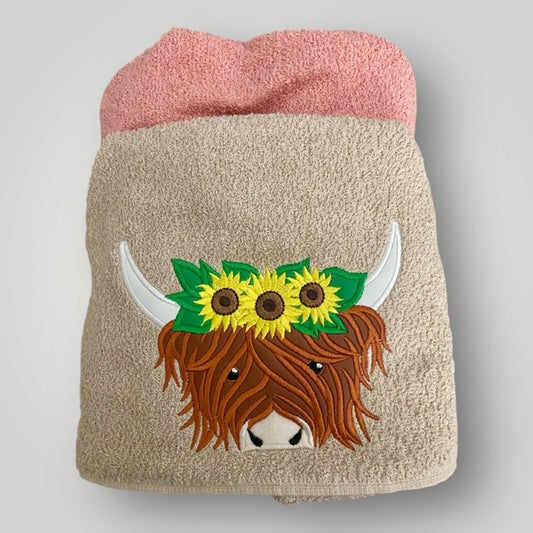 Highland Cow with Sunflowers Hooded Towel - Embroidered