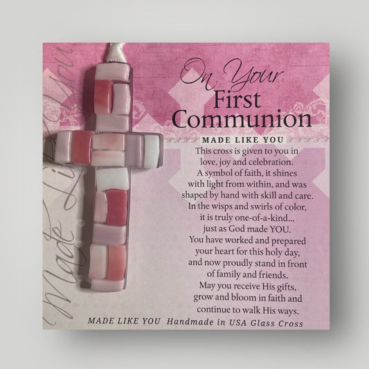 On Your First Communion Cross II - Pink - Handmade Glass