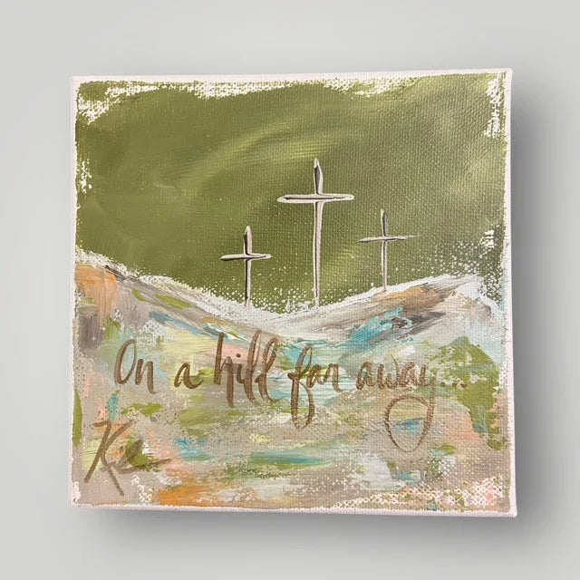 On a Hill Far Away gospel art canvas with cross silhouette