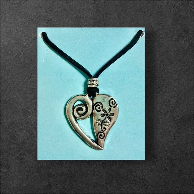 Open Heart Suede Cord Necklace - Pewter - JNL79