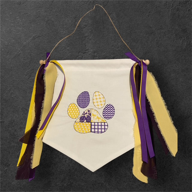 Patchwork Paw on White Banner with Streamers
