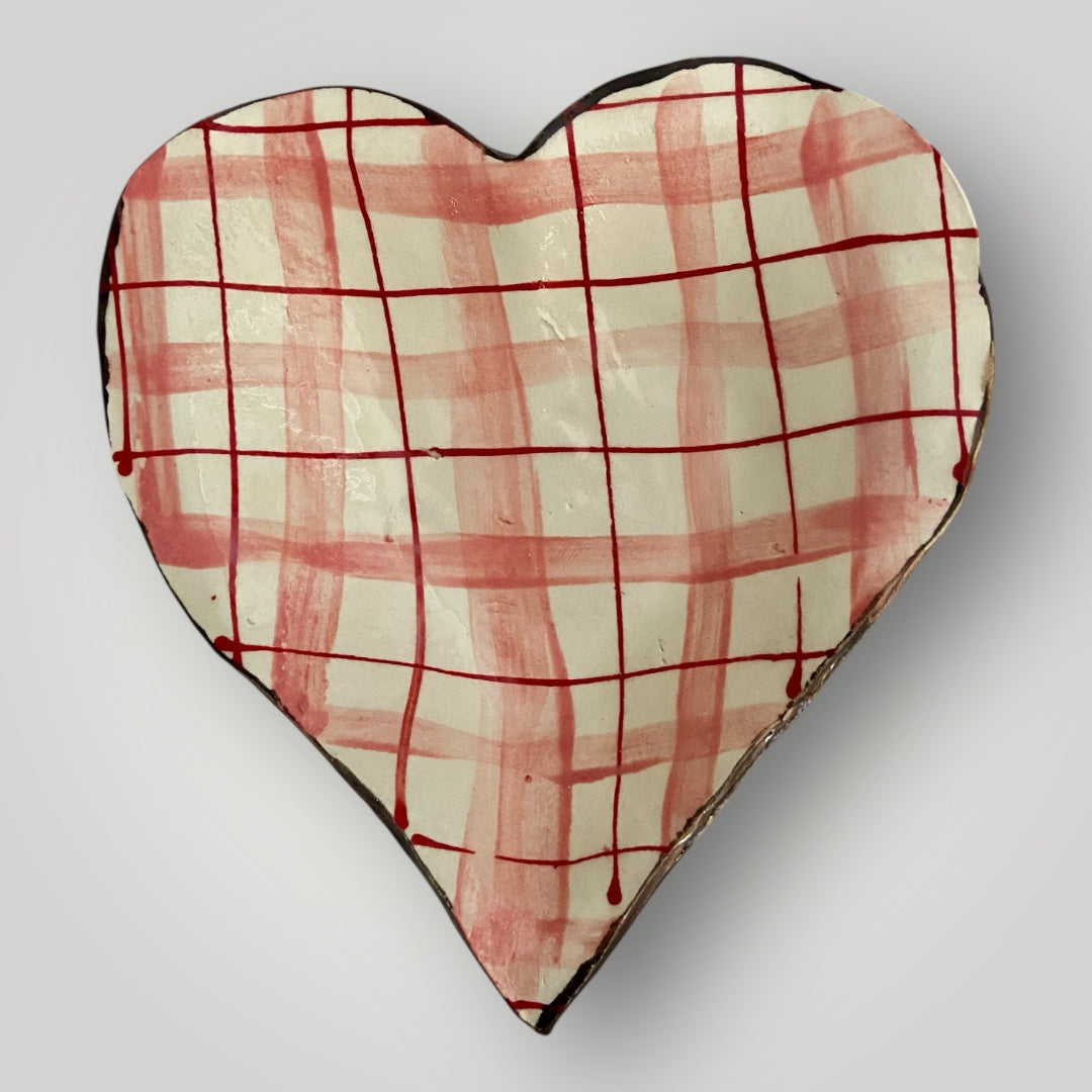 Pink Plaid Heart Shaped Bowl #1 - Heartfelt Traditions Pottery