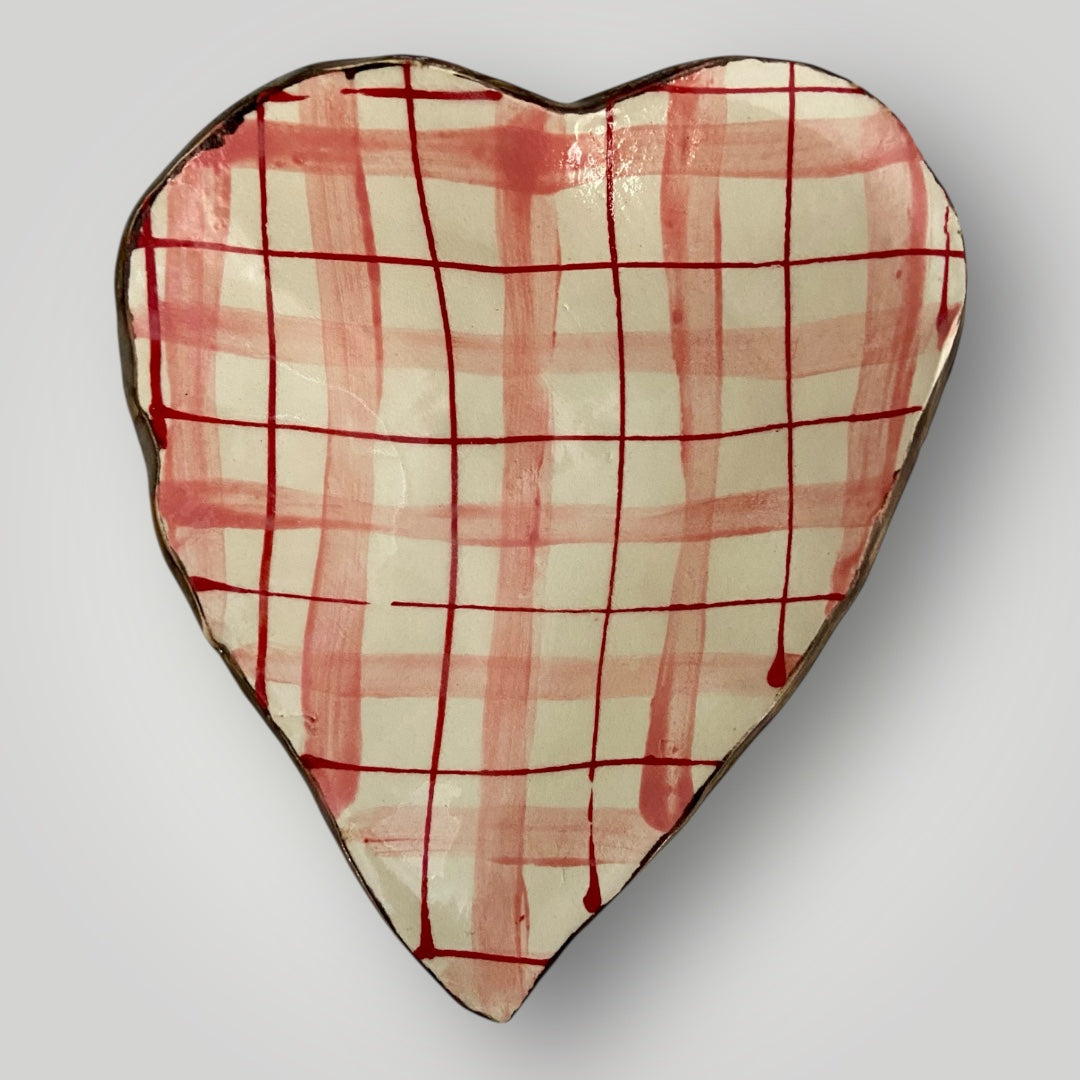Pink Plaid Heart Shaped Bowl #2 - Heartfelt Traditions Pottery