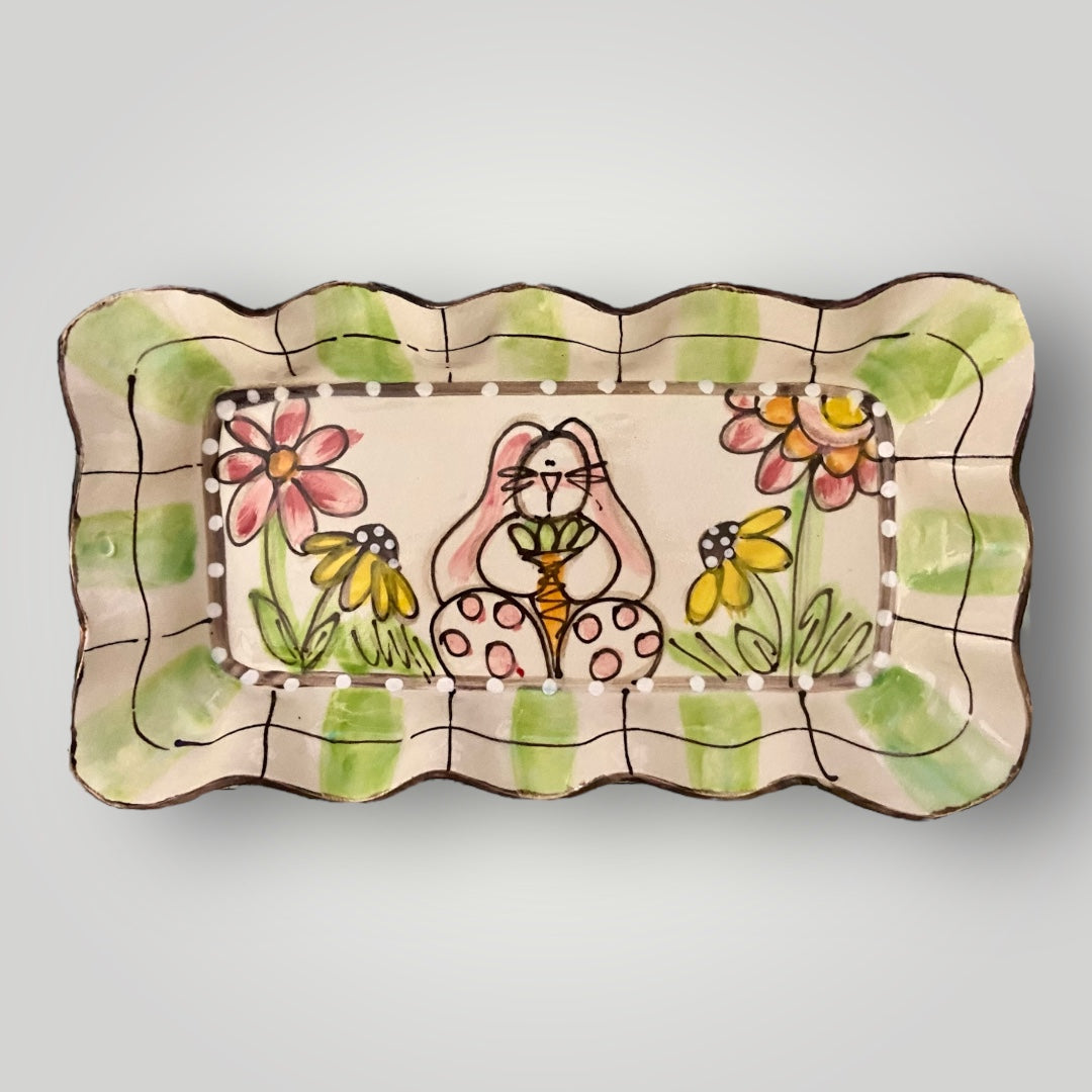 Rectangle Ruffle Tray - Green Plaid - Bunny Holding Carrot #1 - Heartfelt Traditions Pottery