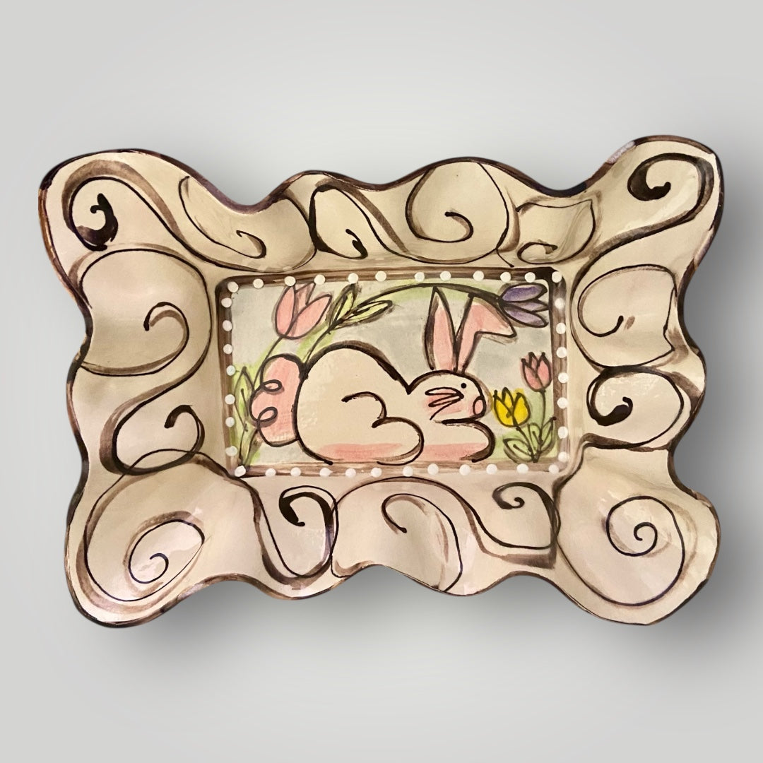 Rectangle Baking Dish - Bunny Profile with Tulips - Heartfelt Traditions Pottery