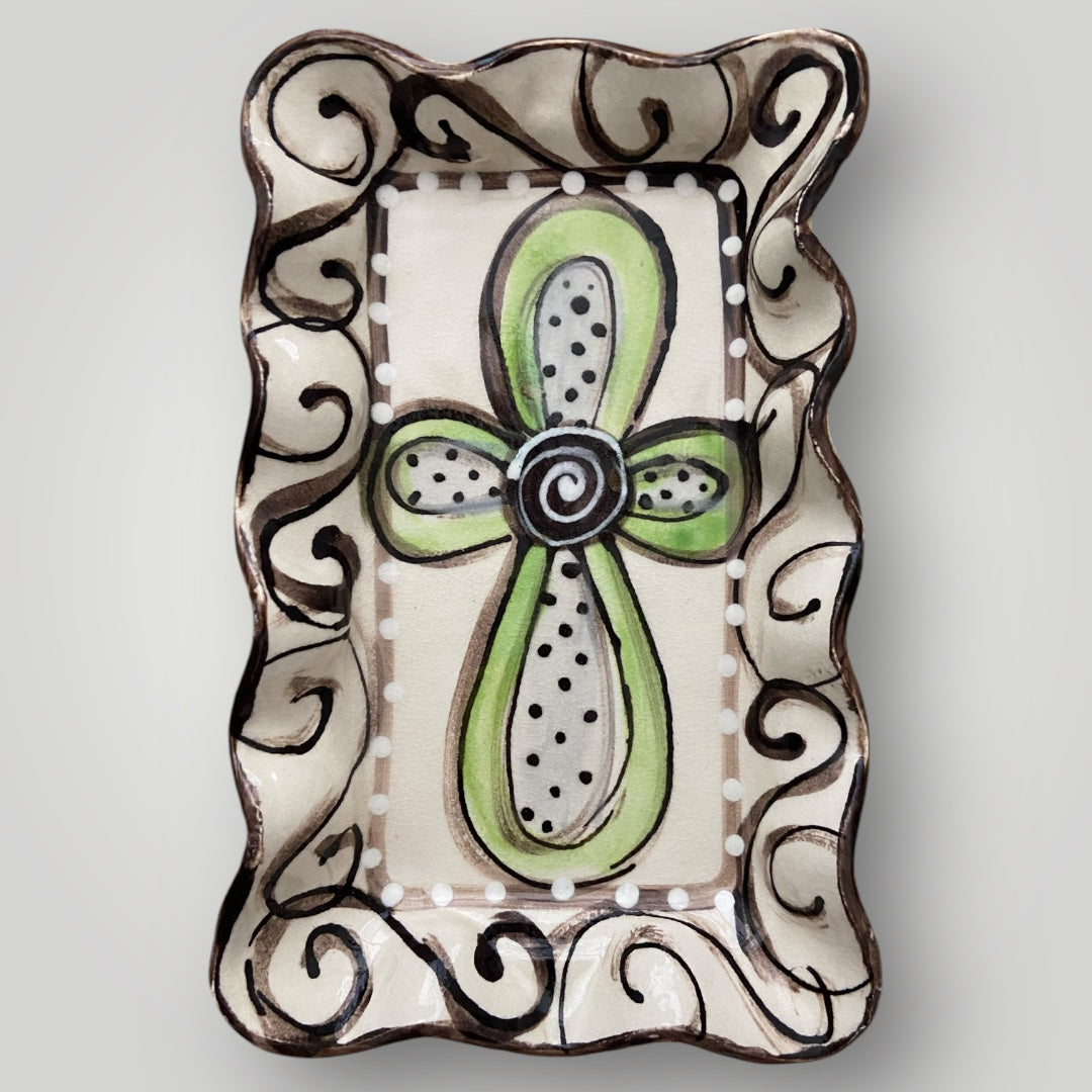 Rectangle Ruffle Tray - Lime Cross with Swirls #2 - Heartfelt Traditions Pottery