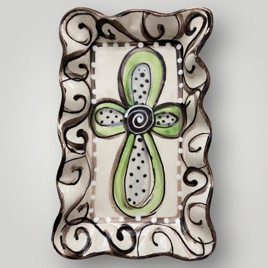 Rectangle Ruffle Tray - Lime Cross with Swirls #2 - Heartfelt Traditions Pottery