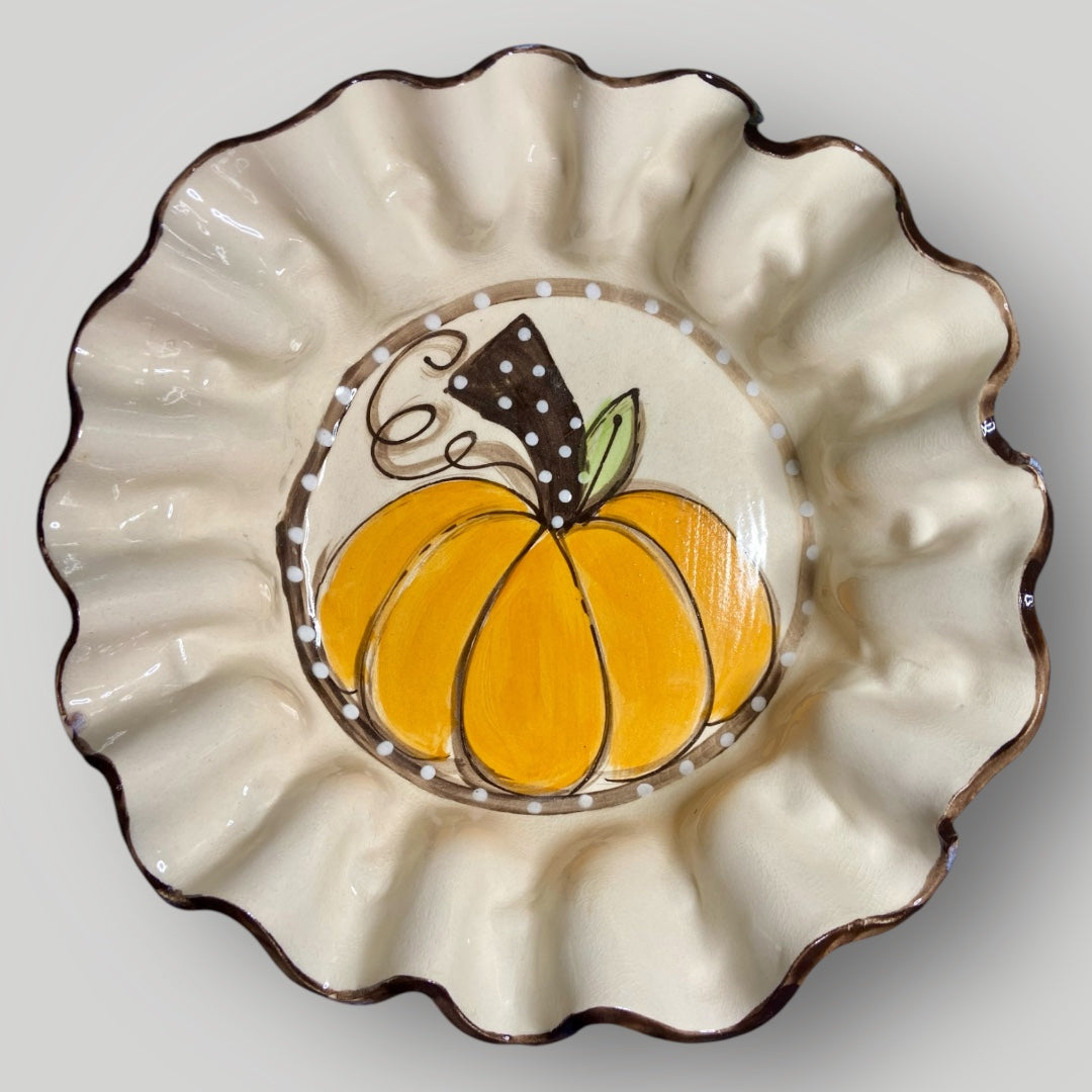 Round Ruffle Bowl w/Pumpkin & Polka Dots - Heartfelt Traditions Pottery