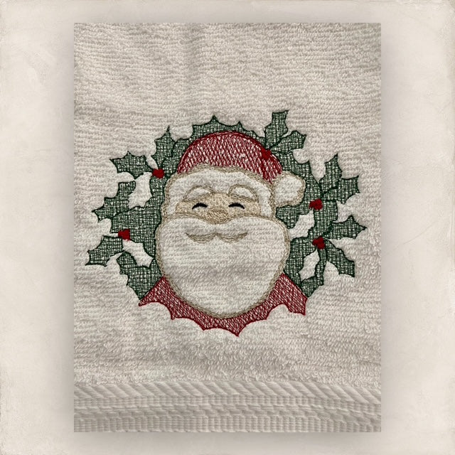 Santa & Holly - Embossed - Embroidered Hand Towel