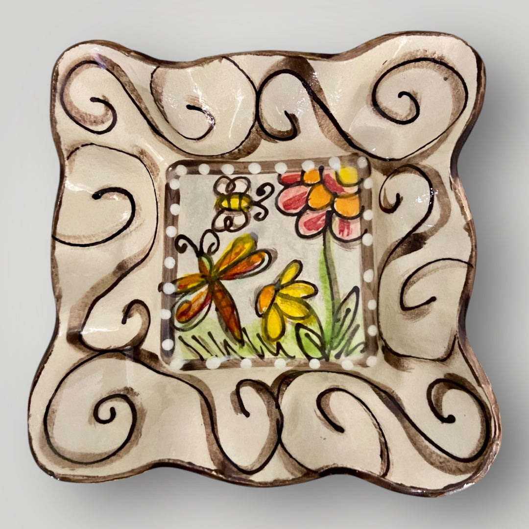 Square Ruffle Bowl - Dragonfly & Bee with Swirls #2 - Heartfelt Traditions Pottery