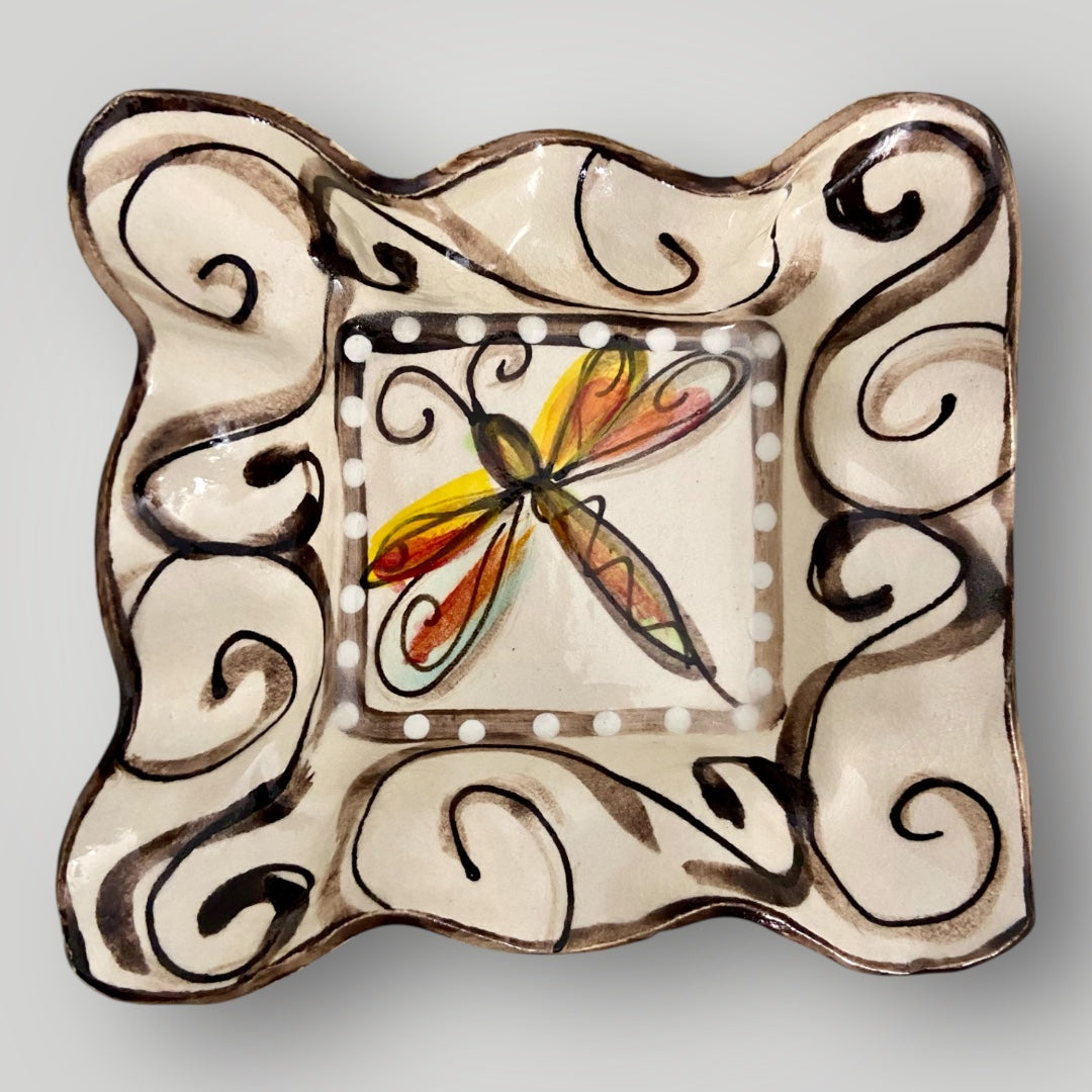 Square Ruffle Dish with Dragonfly #1 - Heartfelt Traditions Pottery