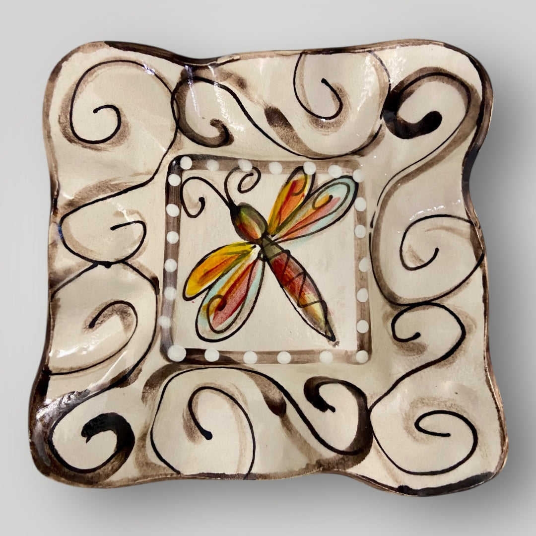 Square Ruffle Dish with Dragonfly #3 - Heartfelt Traditions Pottery