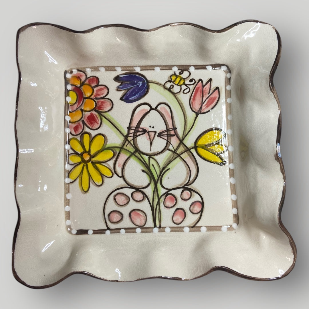 Square Ruffle Tray with Bunny Holding Flowers - Heartfelt Traditions Pottery