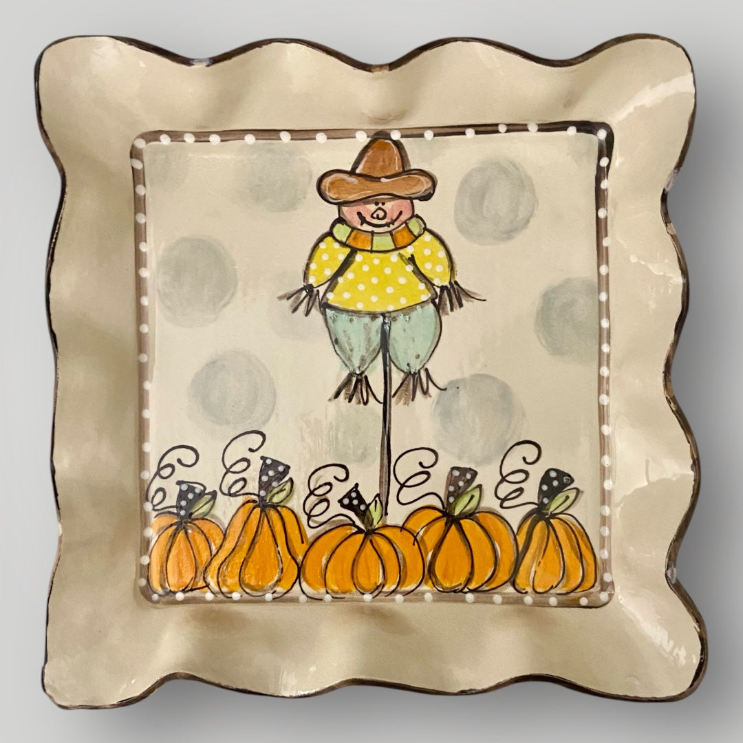 Square Tray with Scarecrow & Pumpkins - Medium - Heartfelt Traditions Pottery