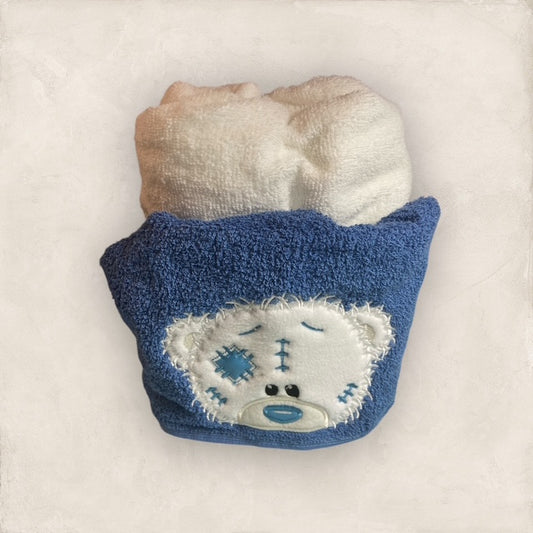 Tattered Bear with Blue Patch Hooded Towel - Embroidered