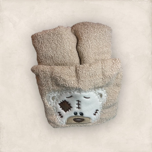 Tattered Bear with Brown Patch Hooded Towel - Embroidered