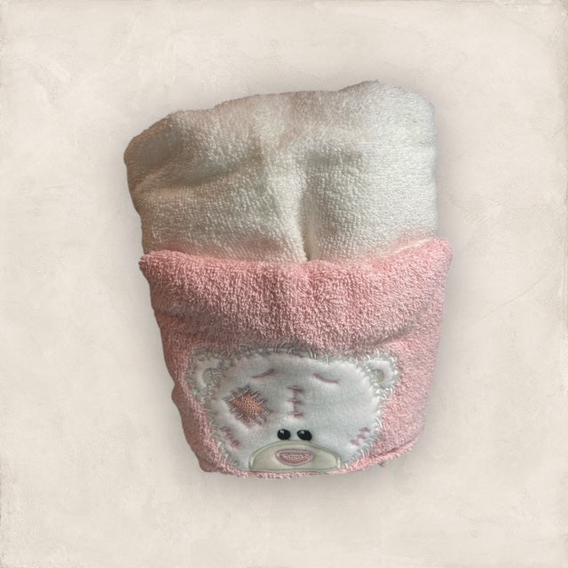 Tattered Bear with Pink Patch Hooded Towel