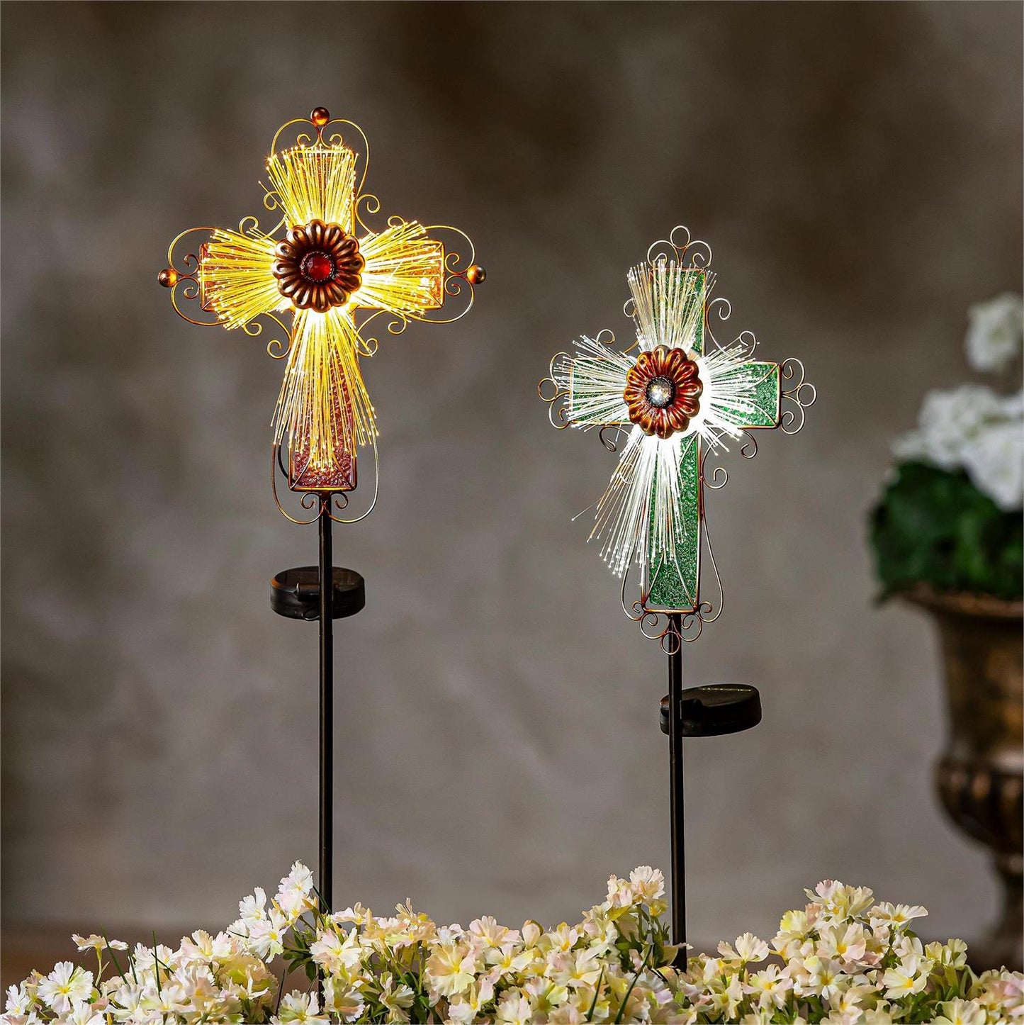 Memorial Garden Stake, Cross Fiber Optic Solar Garden Stake-Sympathy